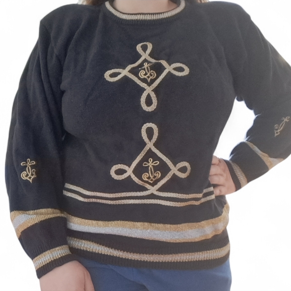 Vintage Black Embroidered Knit Sweater Gold Trim - Picture 3 of 9